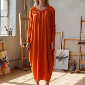AAKASHA Long Sleeve Maxi Tunic Dress SZ S Orange